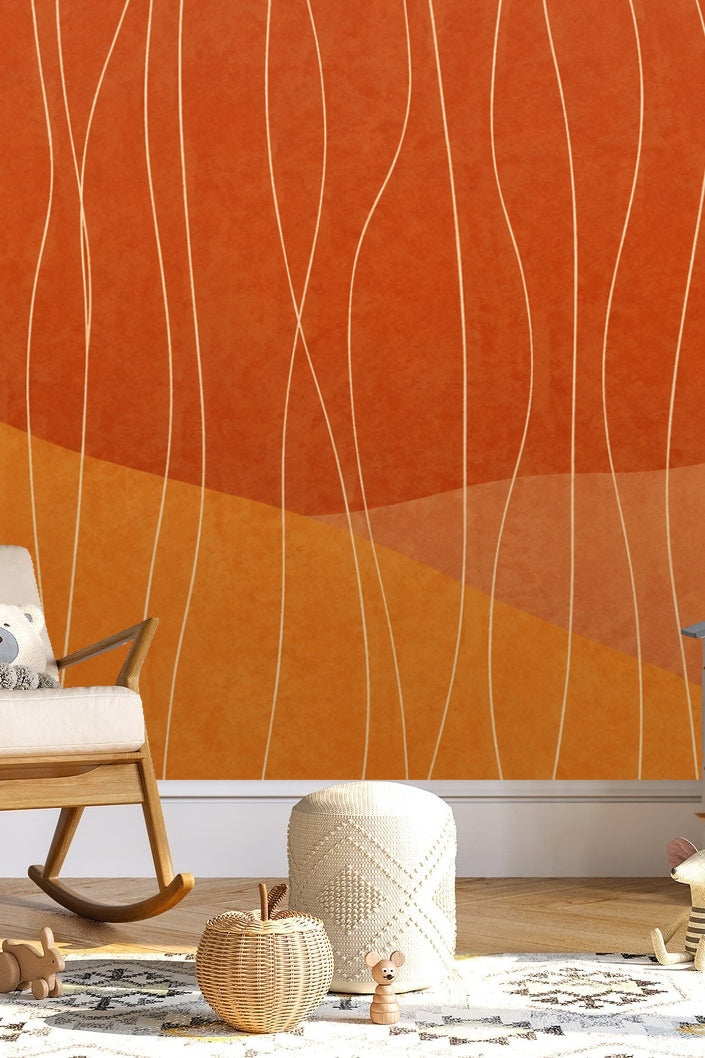 Abstract wallpaper with layered orange and ochre tones and delicate vertical white lines