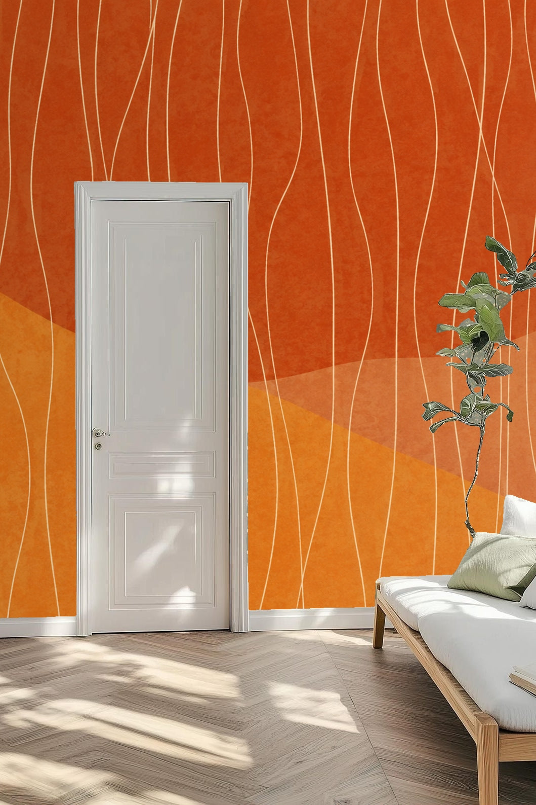 Detail of wallpaper surface illustrating textured color layers in orange and brown with linear white decoration