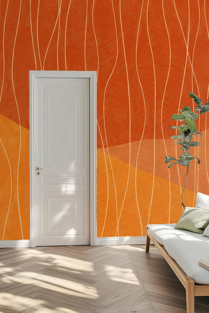 Detail of wallpaper surface illustrating textured color layers in orange and brown with linear white decoration