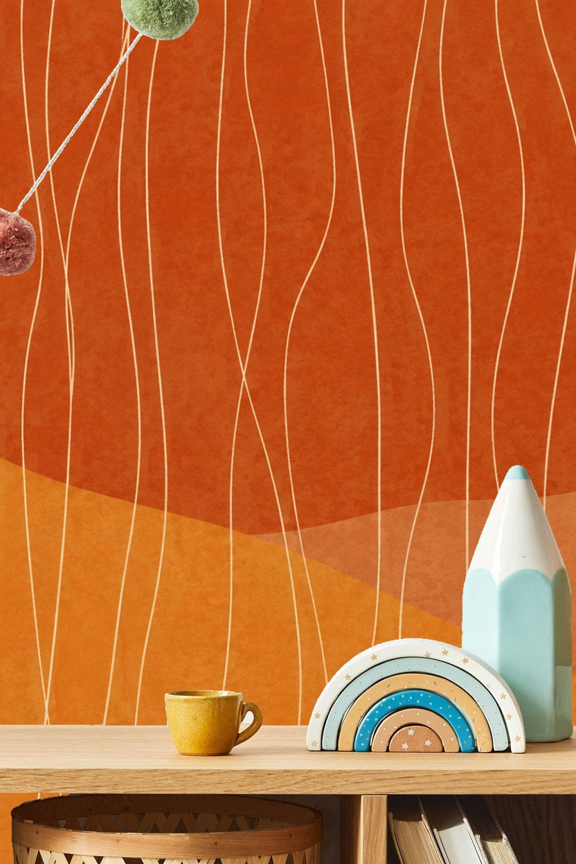 Segment of wallpaper showing textured layered earth tones and organic vertical line detail