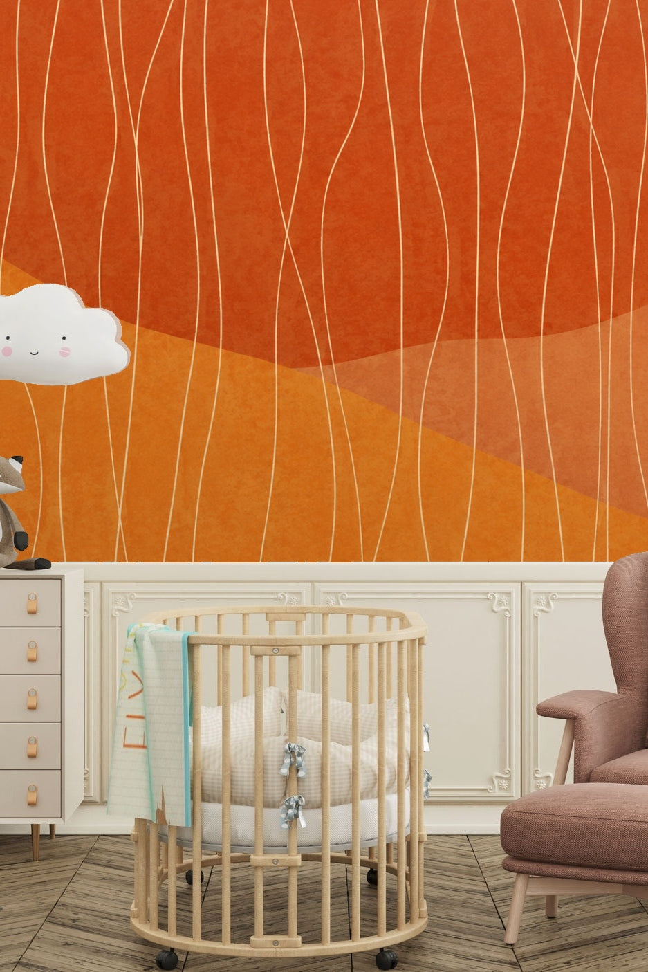 Children's room with warm orange and ochre layered wallpaper featuring thin white wavy lines