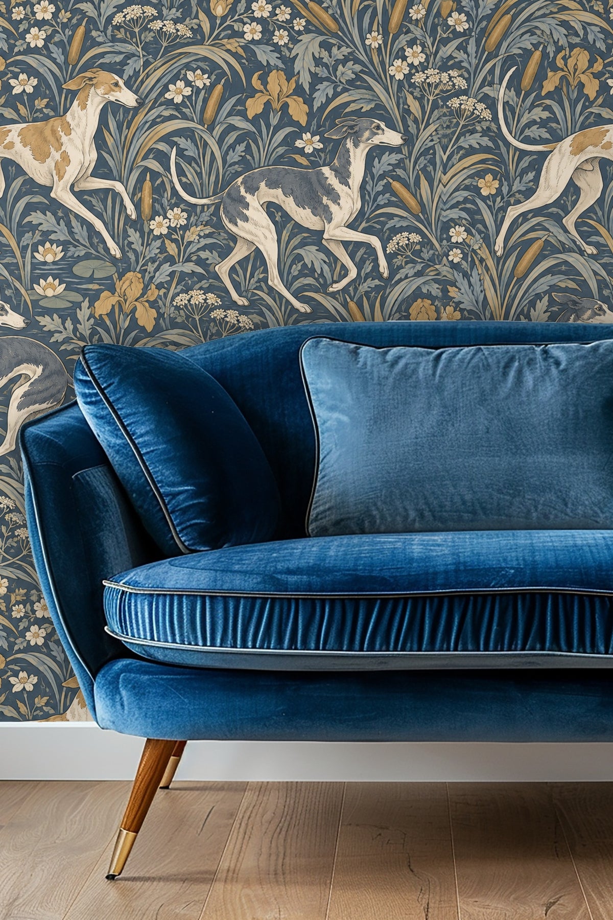 Pattern detail of a blue floral wallpaper with beige and white greyhounds
