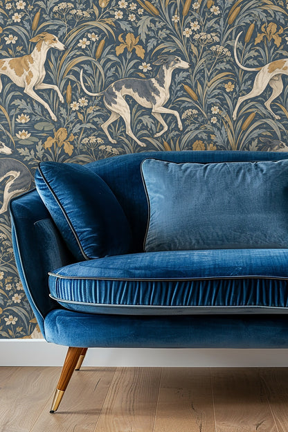 Pattern detail of a blue floral wallpaper with beige and white greyhounds