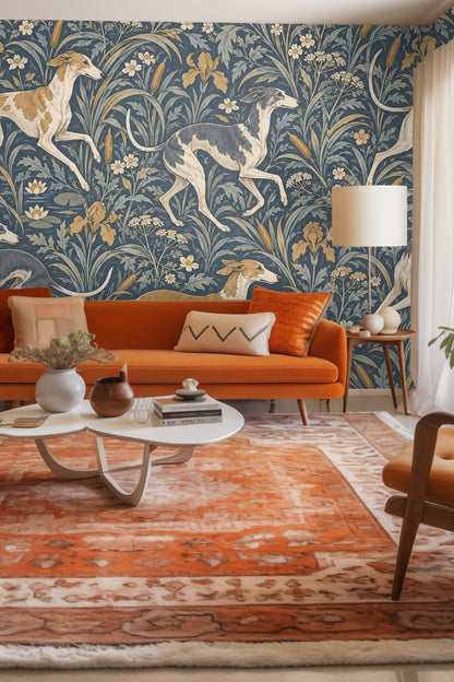 Laundry room with washing machines and floral, greyhound wallpaper