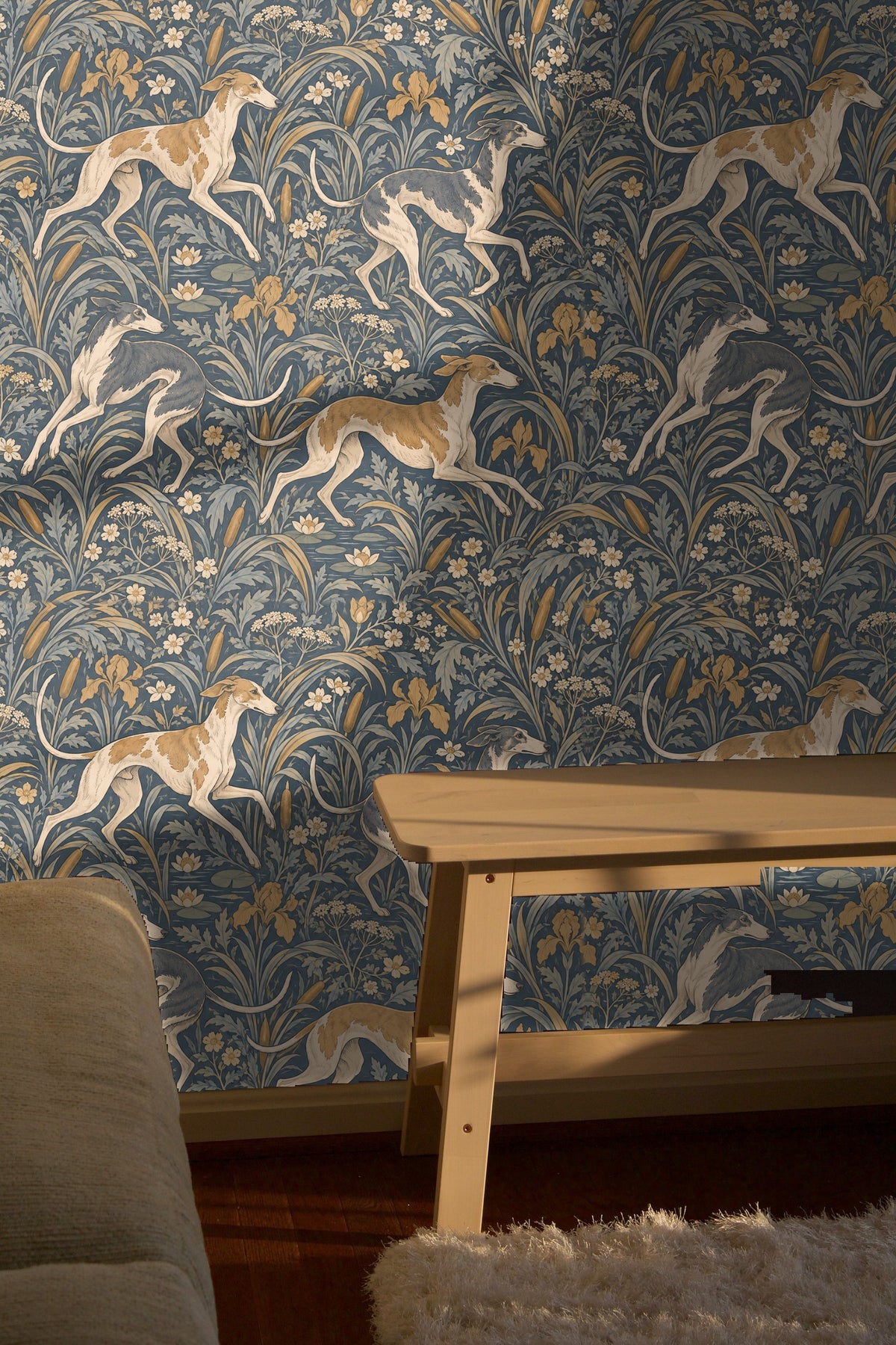 Detail image showing contrast between white and gold-grey greyhounds and textured floral background