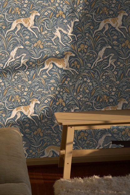 Detail image showing contrast between white and gold-grey greyhounds and textured floral background