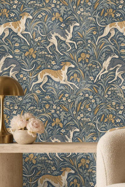Greyhound wallpaper behind mid-century style furniture