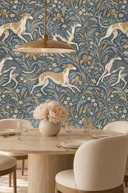 Muted botanical wallpaper pattern with running greyhounds