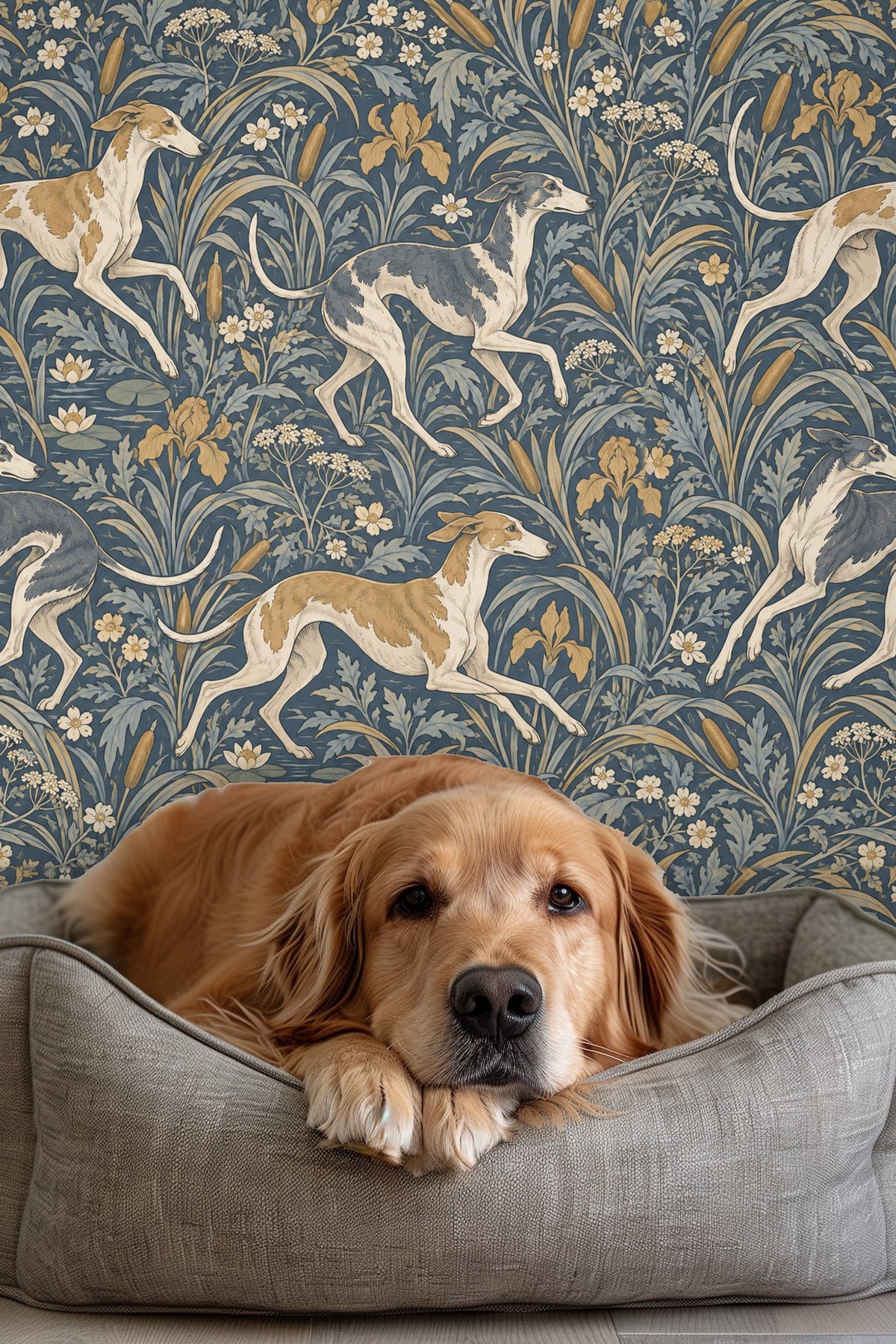Blue and beige floral wallpaper with greyhound motifs