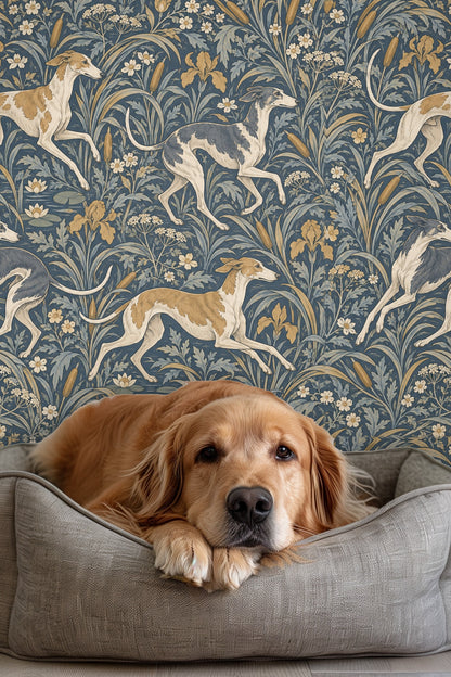Blue and beige floral wallpaper with greyhound motifs