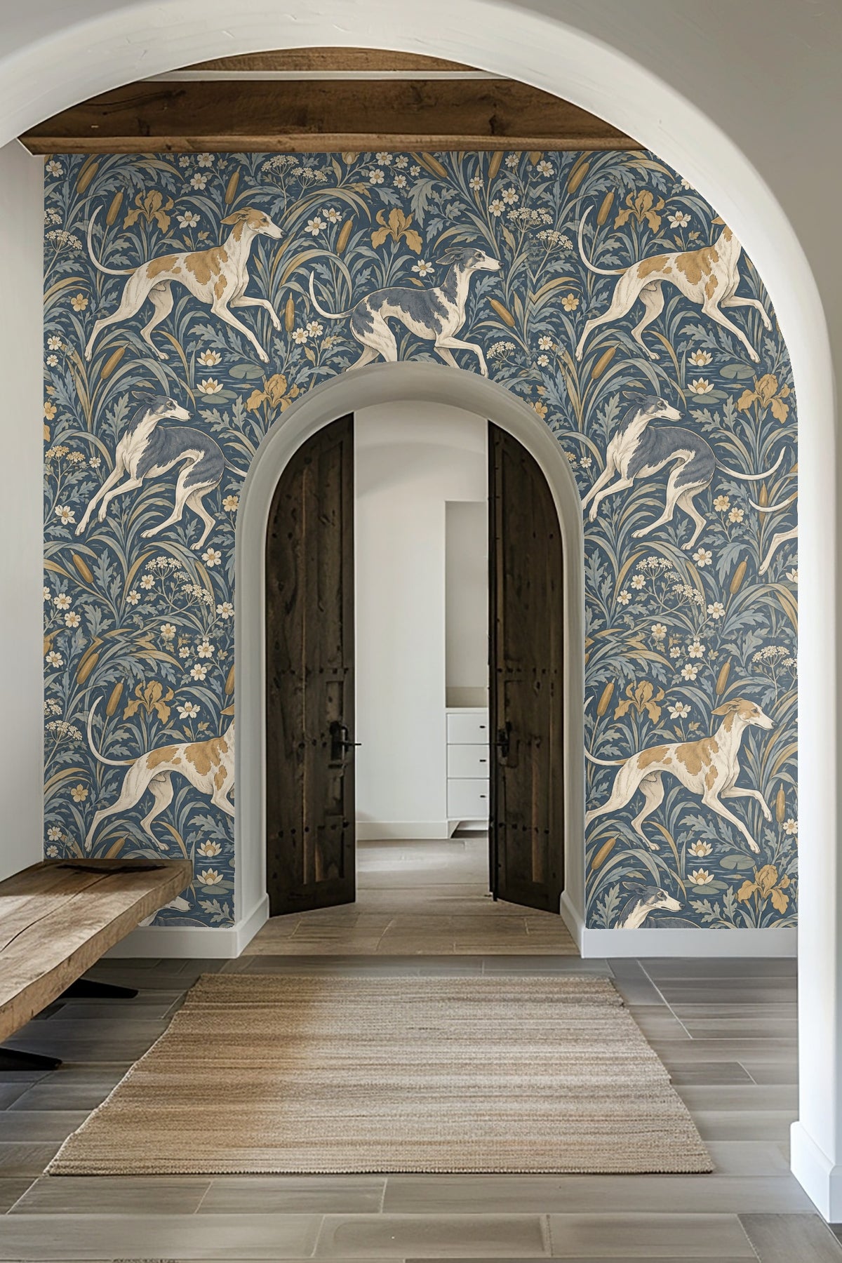 Close-up of beige and white greyhound in floral wallpaper
