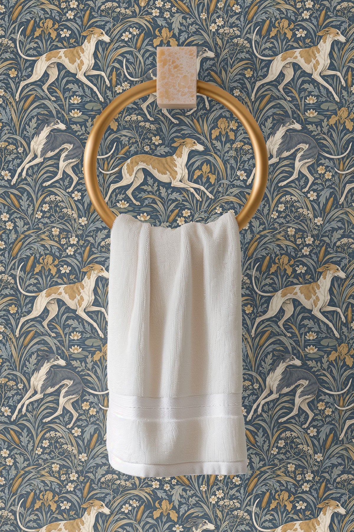 Naturalistic botanical elements and dog motifs in an artful pattern combining movement and serenity