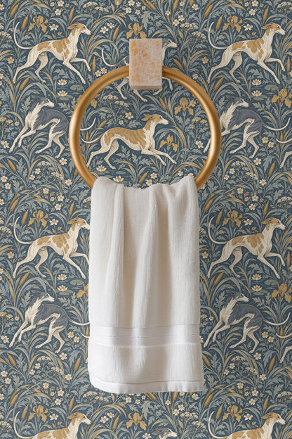 Naturalistic botanical elements and dog motifs in an artful pattern combining movement and serenity