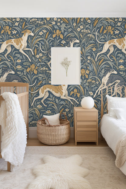 Close-up of golden iris flowers and cattails with detailed foliage on printed wallpaper