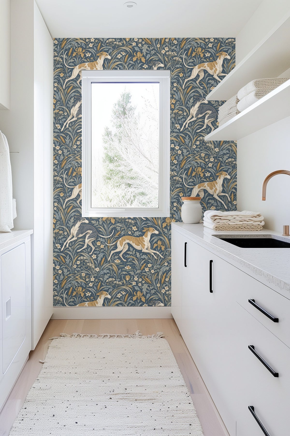 Segment of wallpaper showing intricate linework of flowers and swaying grass with greyhounds in motion