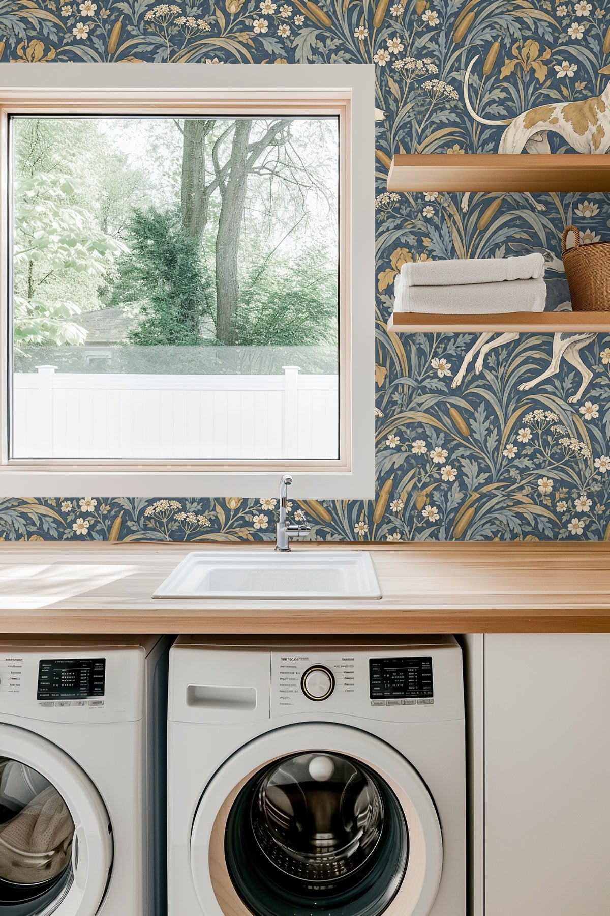 Blue velvet couch against a floral and greyhound patterned wallpaper