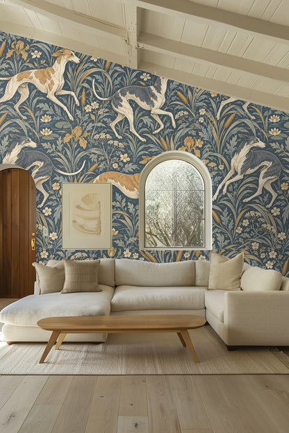Partial view of wallpaper showing dynamic poses of slender greyhounds against floral background