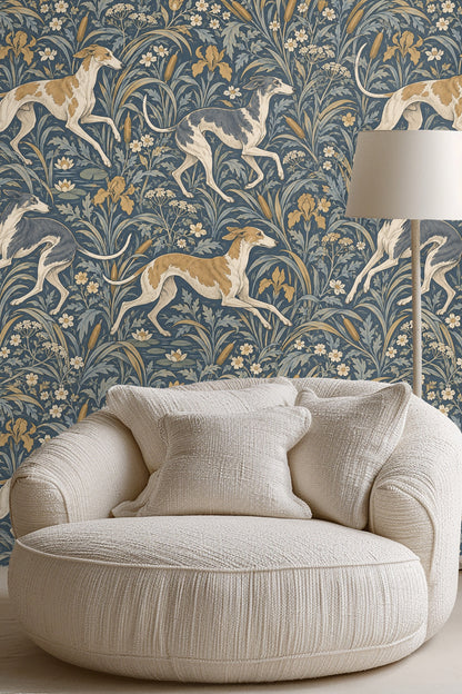 Close-up detail of greyhound motifs intertwined with botanical flowers and leaves in blue and gold palette
