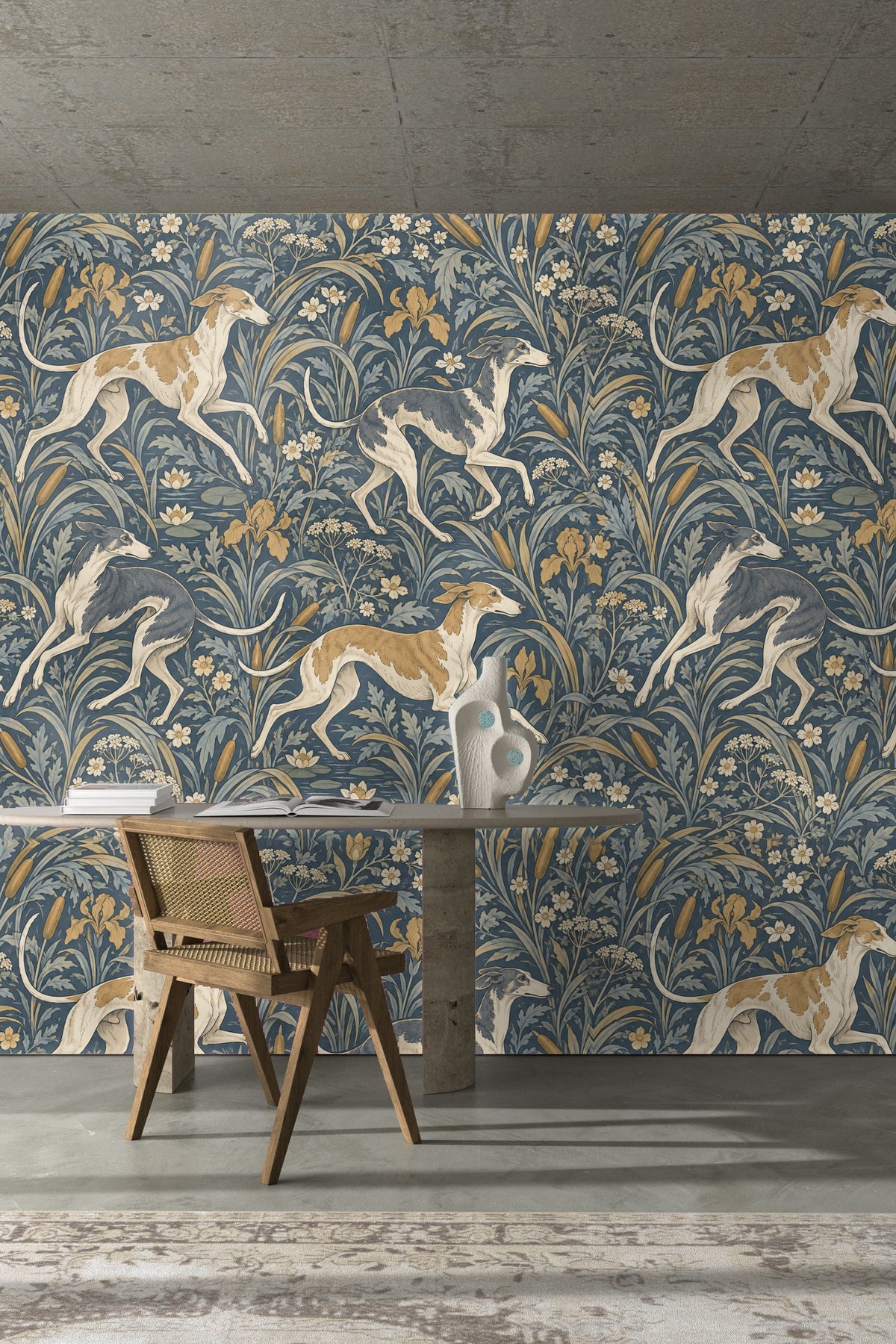 Artistic line-drawn greyhounds on leaf patterned wallpaper