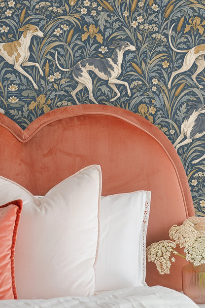 Full repeat of wallpaper pattern with alternating greyhounds and botanical clusters in vintage style