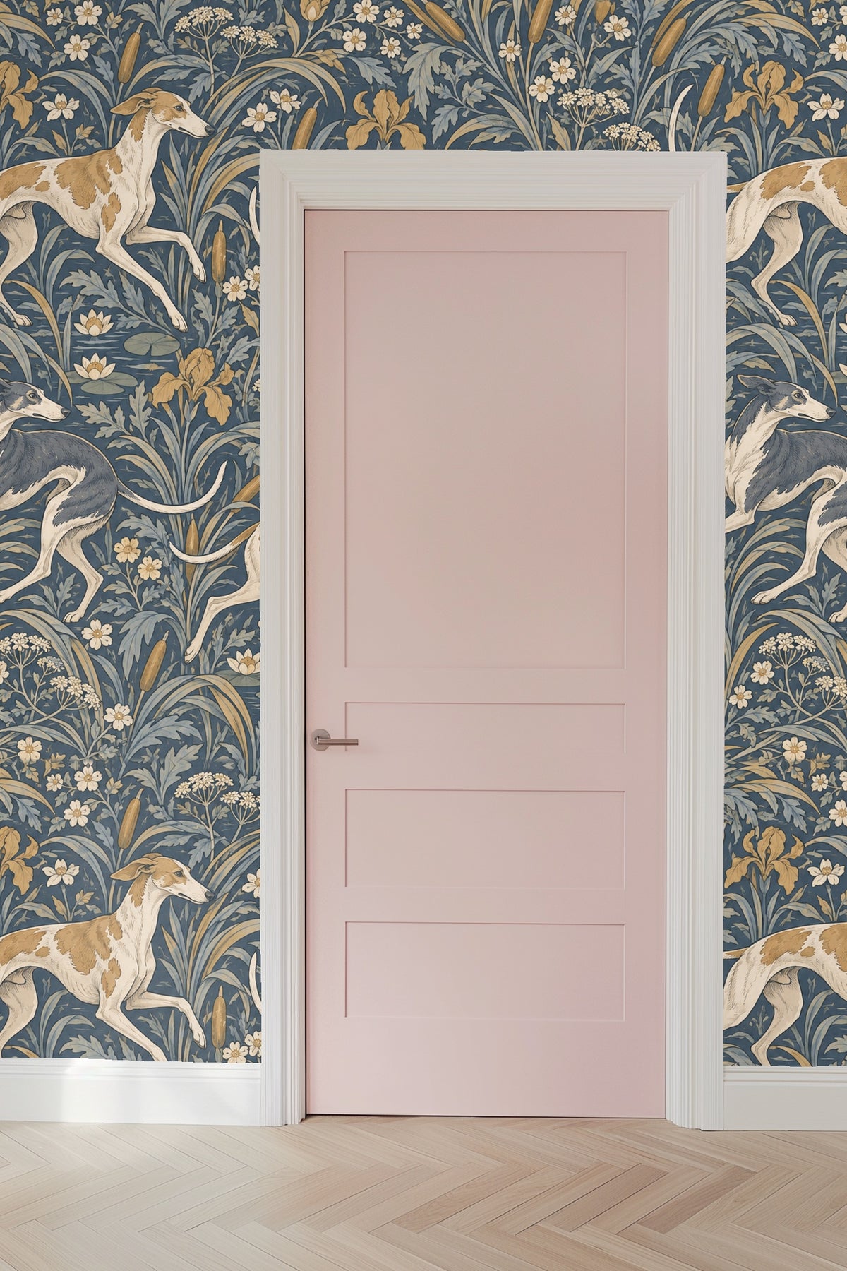 Close framing of dandelion-like white flower clusters and tall grass leaves on blue wallpaper
