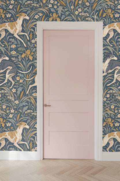 Close framing of dandelion-like white flower clusters and tall grass leaves on blue wallpaper