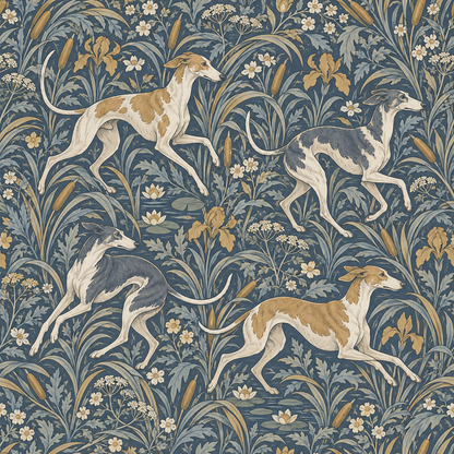 Side angle showing wallpaper motif with greyhound's elongated limbs extending through detailed grass and blossoms
