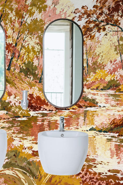 Stream surfaces reflecting autumnal foliage with impressionist style dabs of light colors