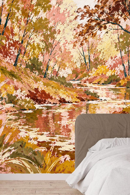 Flowing creek flanked by color-rich foliage in shades of peach, russet, and olive green