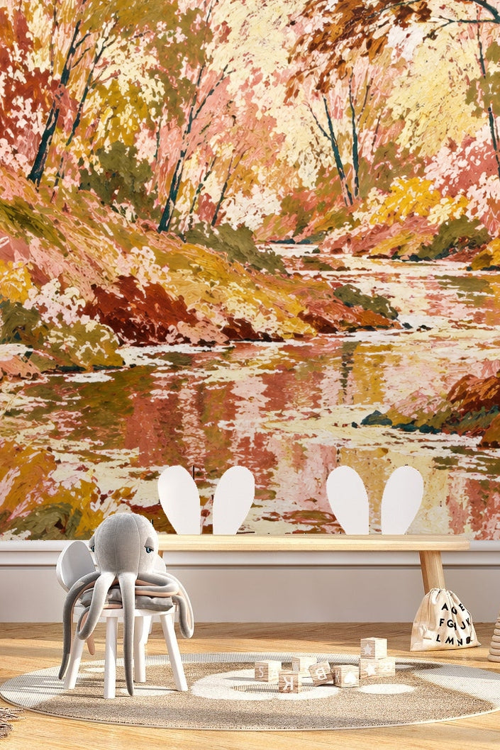 Cluster of leaves and grasses in warm apricot, mustard, and green tones with painterly texture