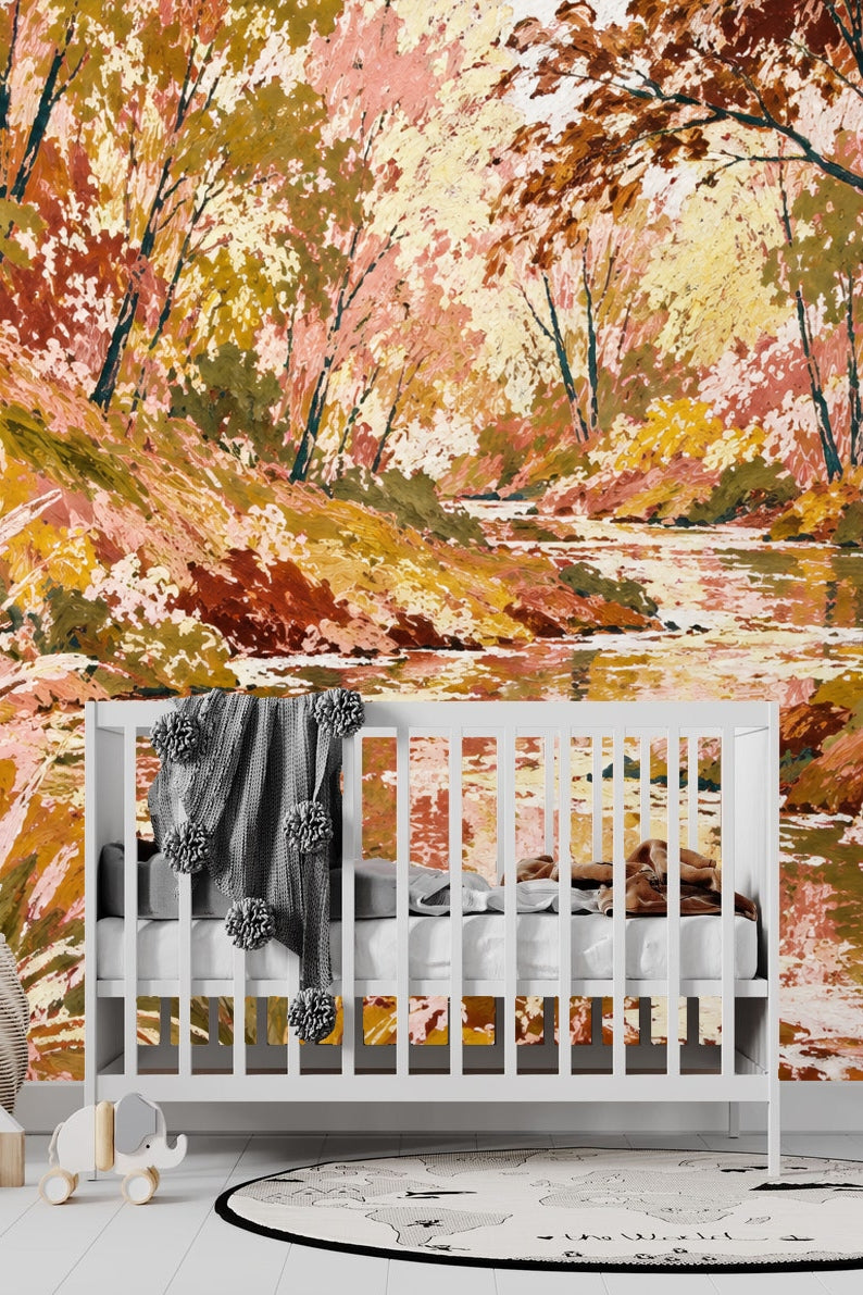 Naturalistic composition with warm earth tones creating depth and gentle movement along a forest creek