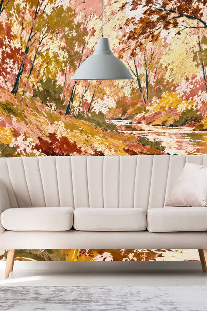 Children's room with pastel pink and peach wallpaper showing a forested stream scene behind a basket and toy.