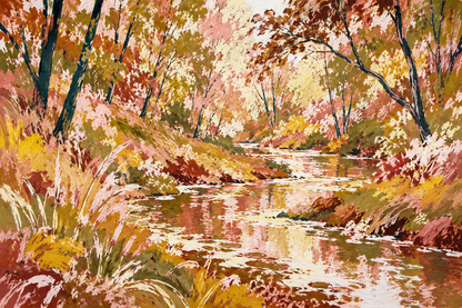 Impressionist style mural wrapping a corner room in autumnal hues capturing peaceful woodland stream scene