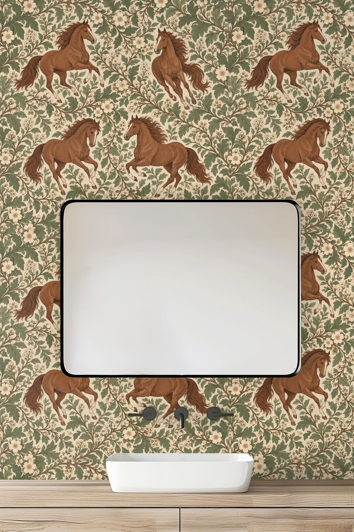 Close-up of wallpaper floral clusters in cream surrounded by realistic green leaves