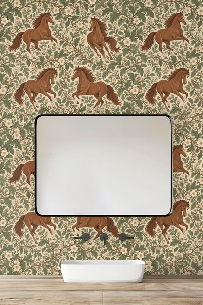 Close-up of wallpaper floral clusters in cream surrounded by realistic green leaves