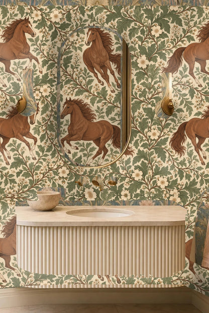 Living room interior with orange sofa and galloping chestnut horses wallpaper featuring green leaves and cream flowers