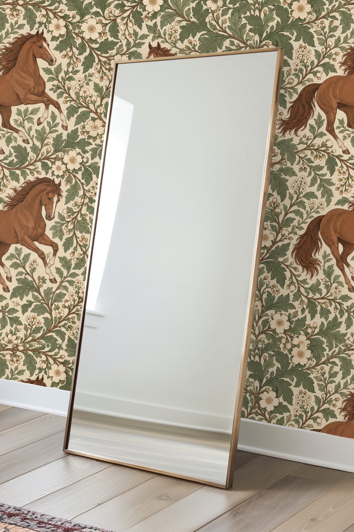 Illustration of green leafy vines and cream flowers framing galloping horses pattern