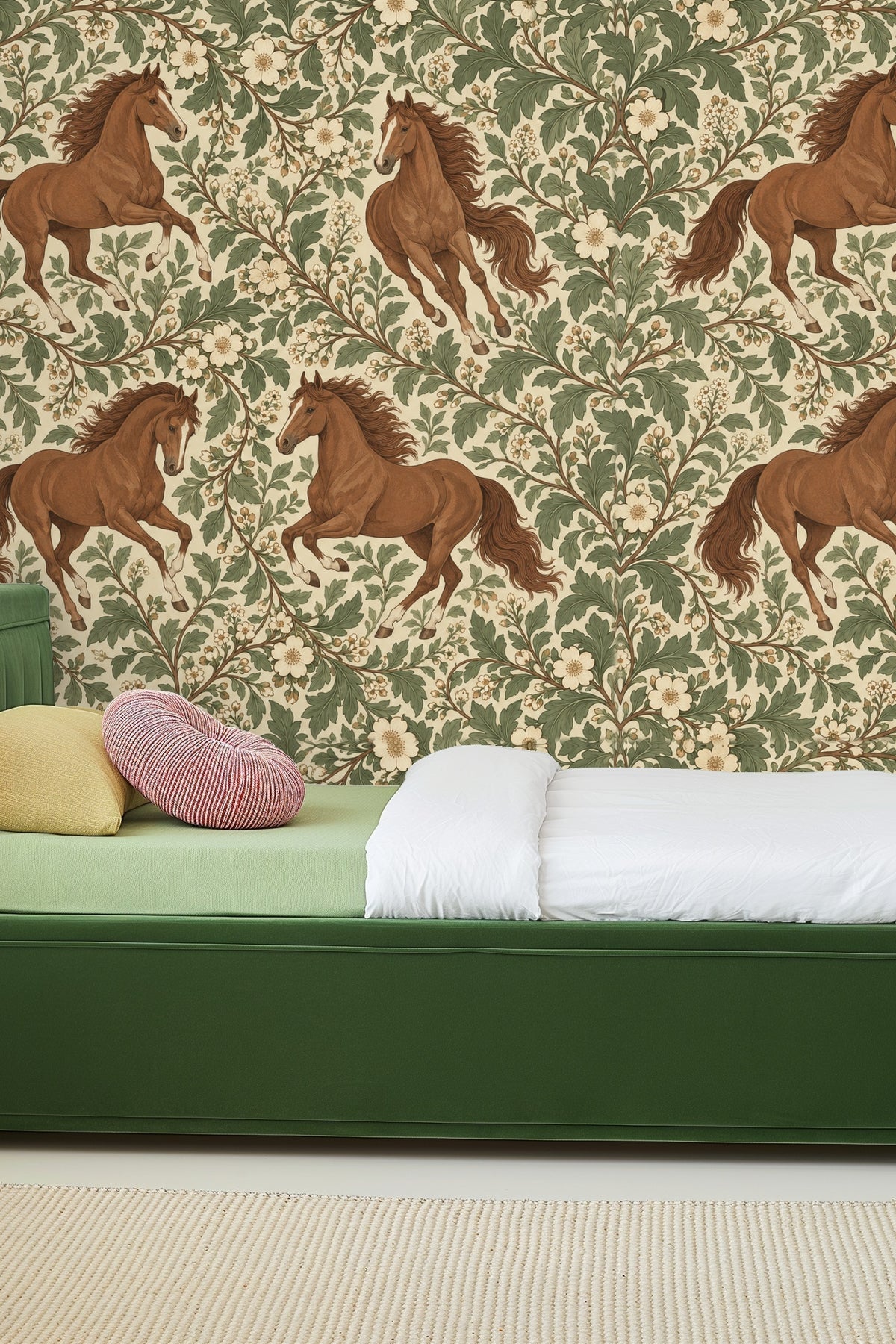 Close-up of wallpaper artwork showing galloping chestnut horses with flowing manes and cream botanical flowers on green leafy vines