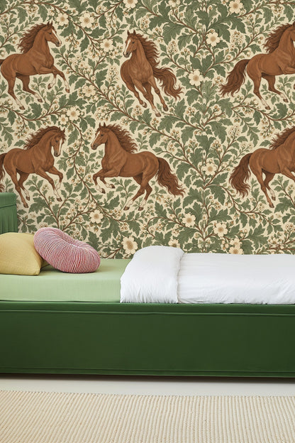 Close-up of wallpaper artwork showing galloping chestnut horses with flowing manes and cream botanical flowers on green leafy vines