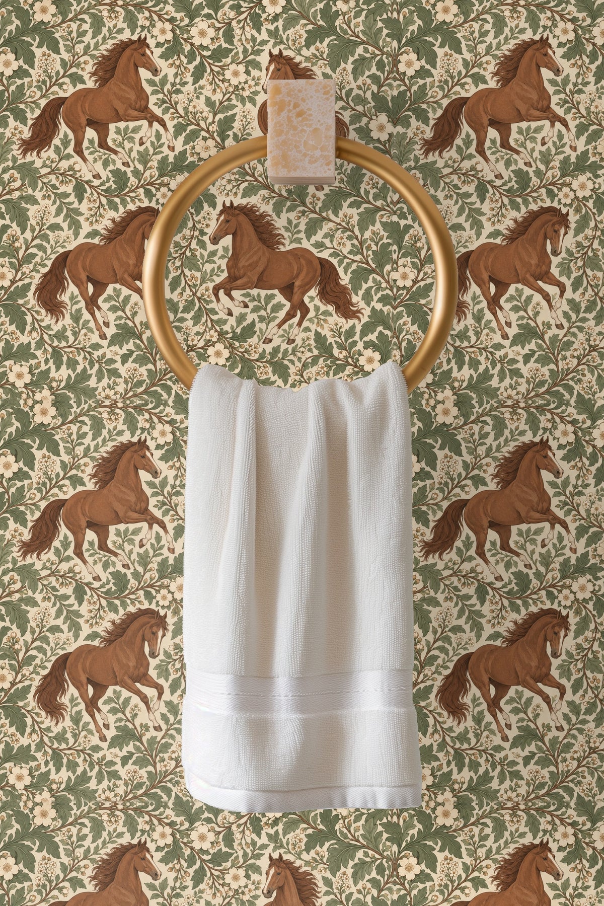 Side view of wallpaper pattern showing horses in motion amid vintage botanical scroll