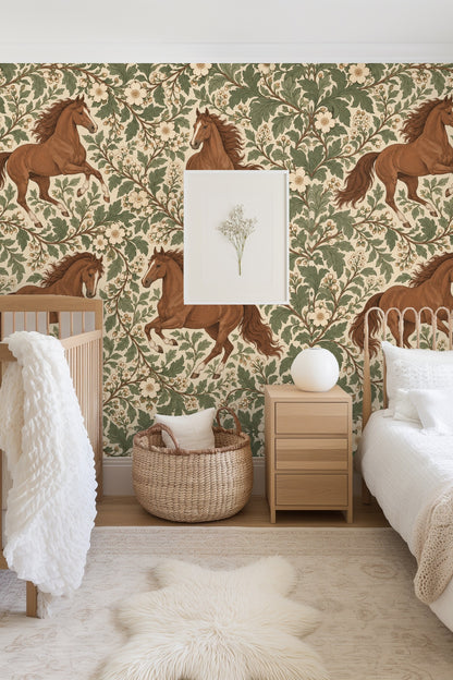 Close-up detail of chestnut horse with flowing mane from wallpaper artwork
