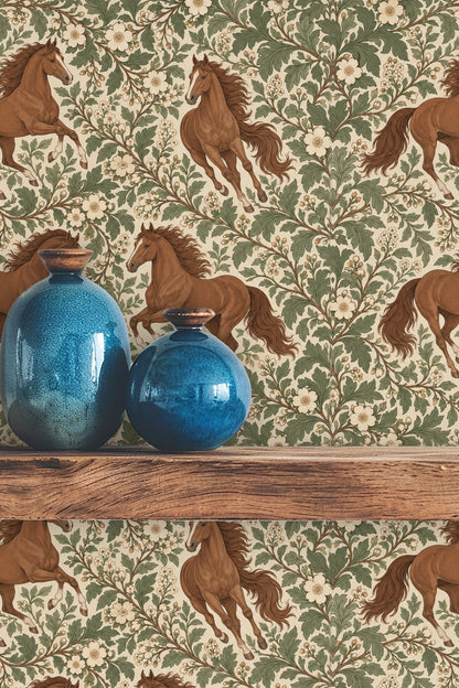 Front view of elegant galloping horse with detailed musculature in wallpaper pattern