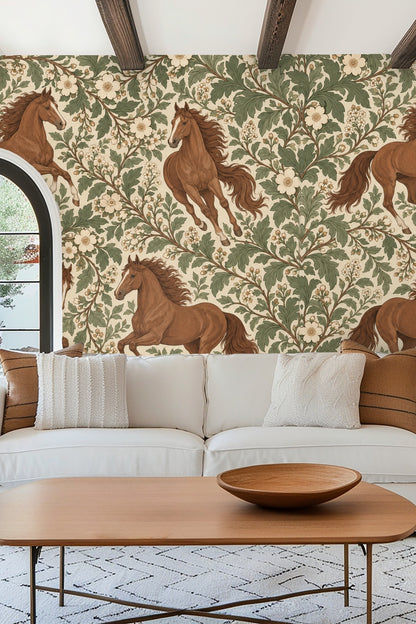 Laundry room with wooden countertop, white sink and galloping chestnut horses wallpaper accented with green leaves and cream blooms