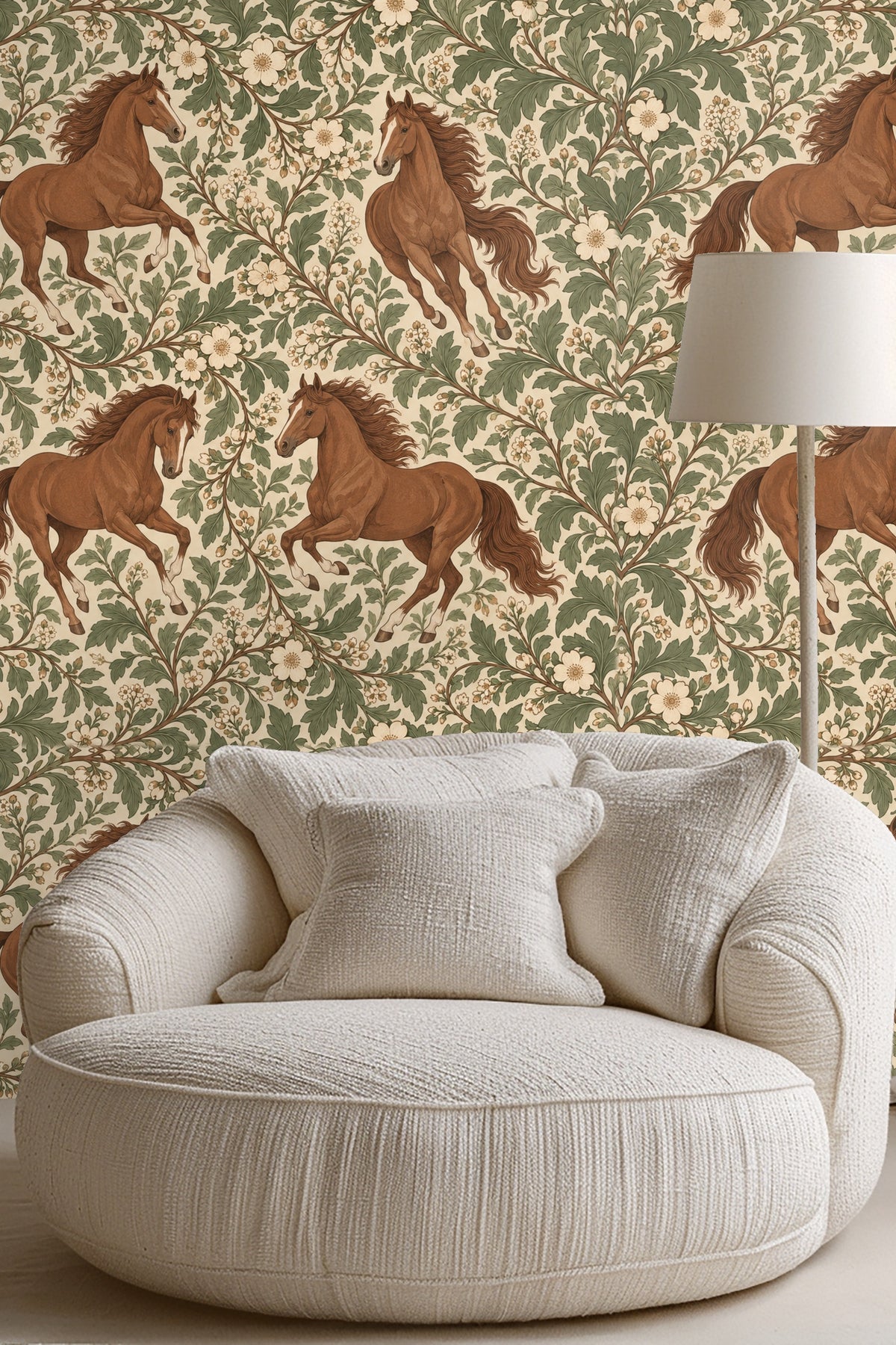 Living room setting showing scale of horses and botanical elements on wallpaper behind mid-century sofa