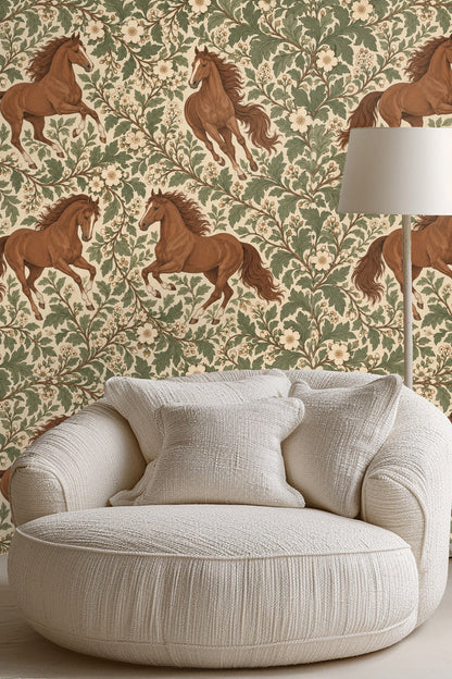 Living room setting showing scale of horses and botanical elements on wallpaper behind mid-century sofa