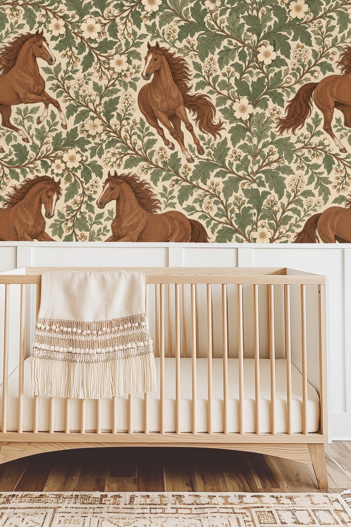 Laundry room scene with functional elements and decorative galloping horses wallpaper as backdrop