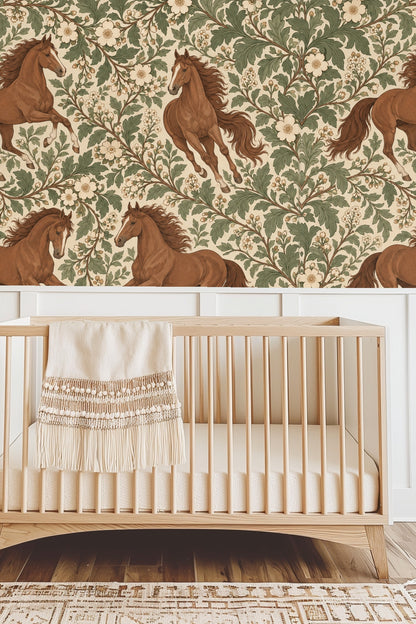Laundry room scene with functional elements and decorative galloping horses wallpaper as backdrop
