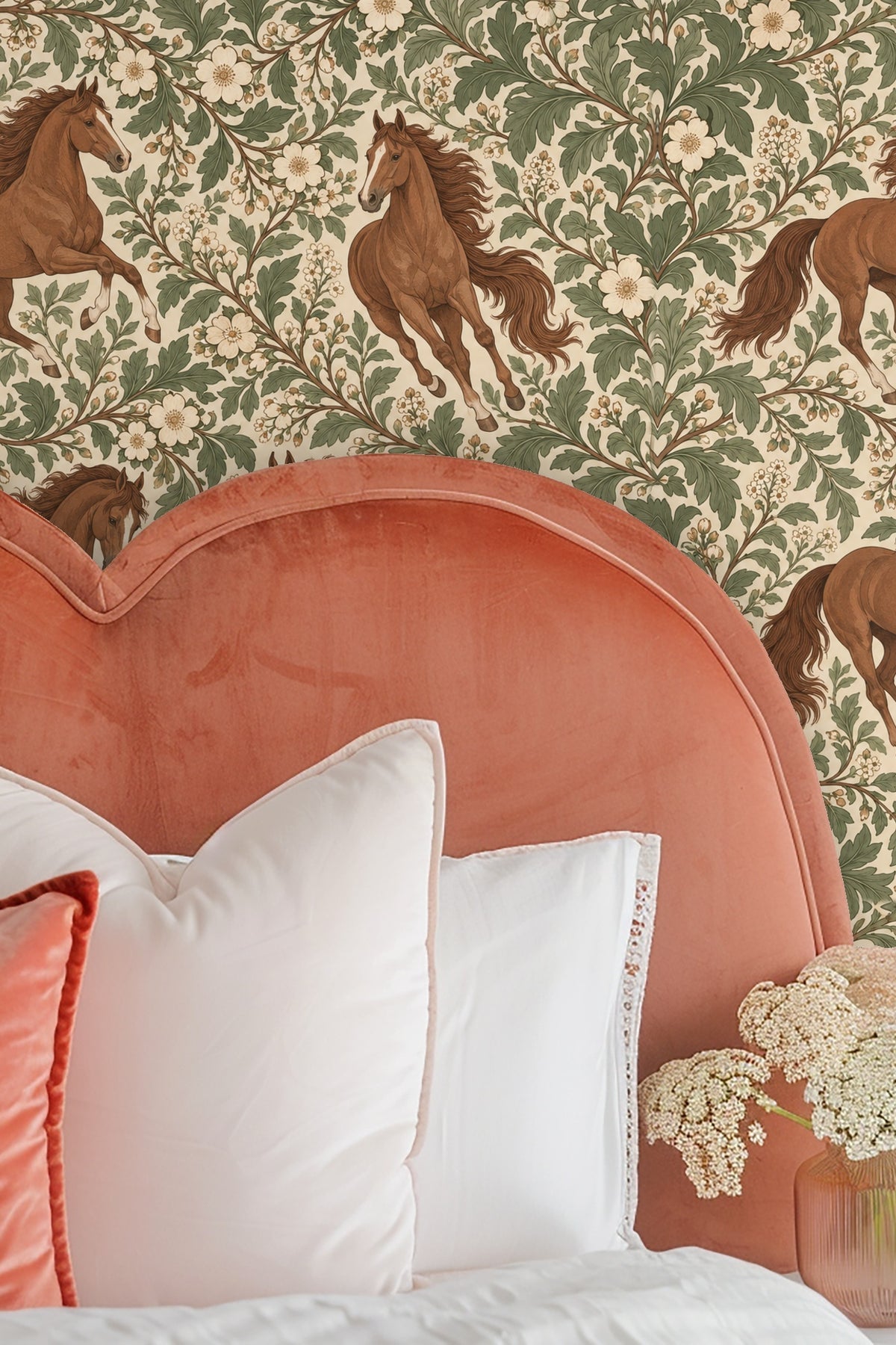 Artwork showing detailed horses’ legs and flowing tails in warm chestnut hues