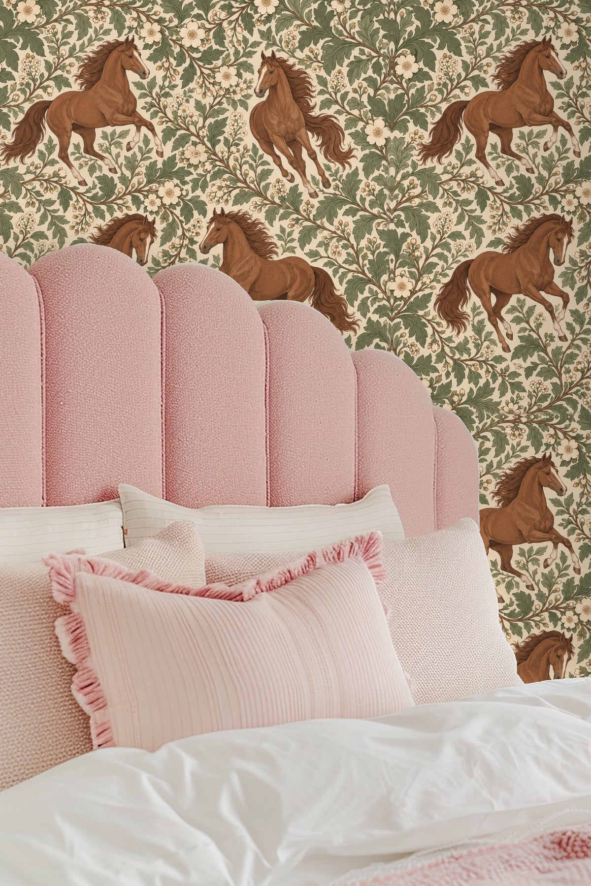 Pattern repetition showing cream flowers framed by olive green leaves surrounding horses