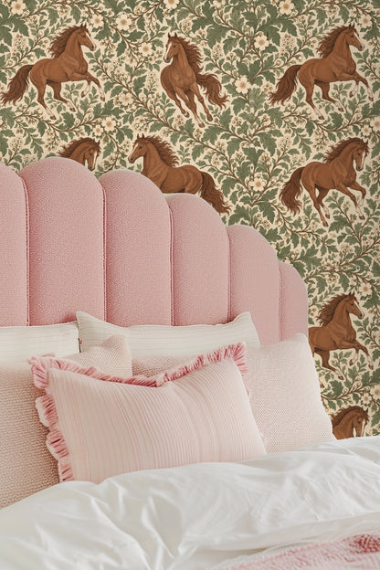 Pattern repetition showing cream flowers framed by olive green leaves surrounding horses